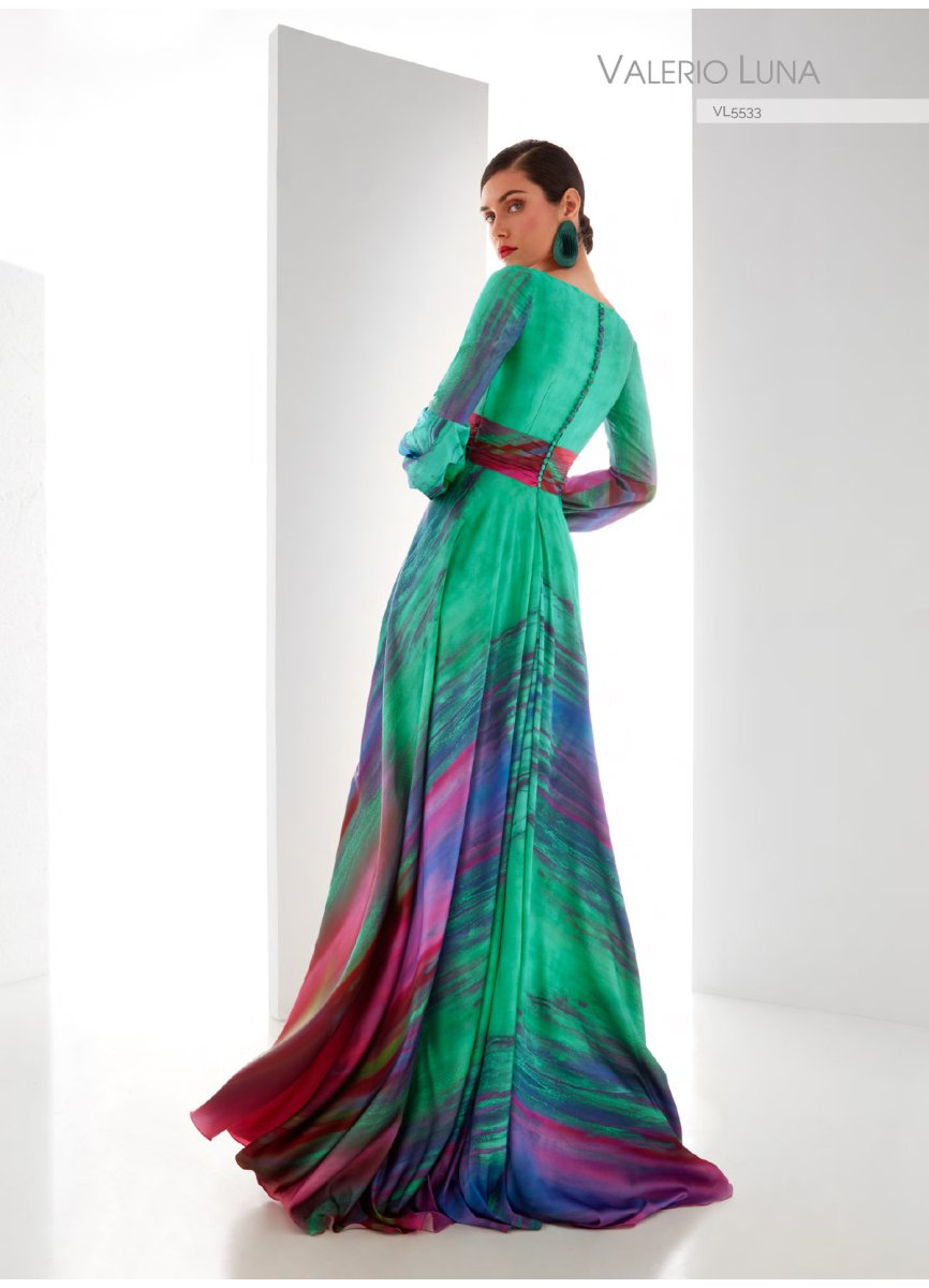 Valerio Luna VL5533 – Elegant Multicolor Satin Print Gown with Bishop Sleeves