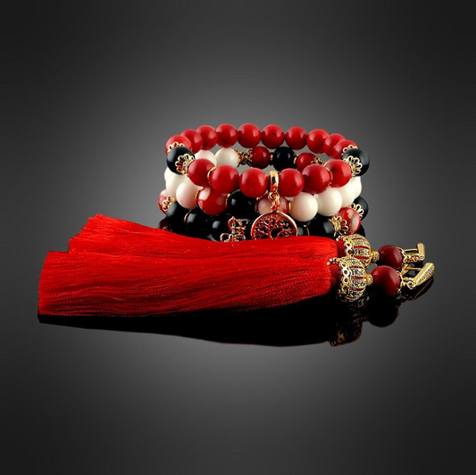 Coral and Black Onyx Bracelets and Earrings Set - Rofial Beauty