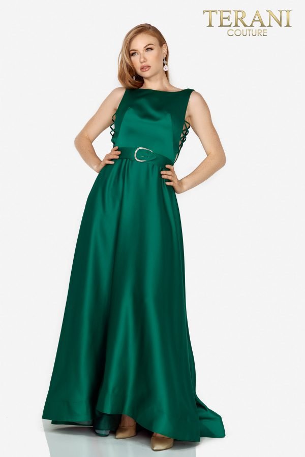 Emerald Sabrina Cut Satin Prom Dress With Side Lacing - Rofial Beauty