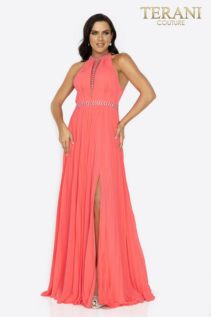 Flowing Chiffon Halter Neck Prom Dress With High Slit