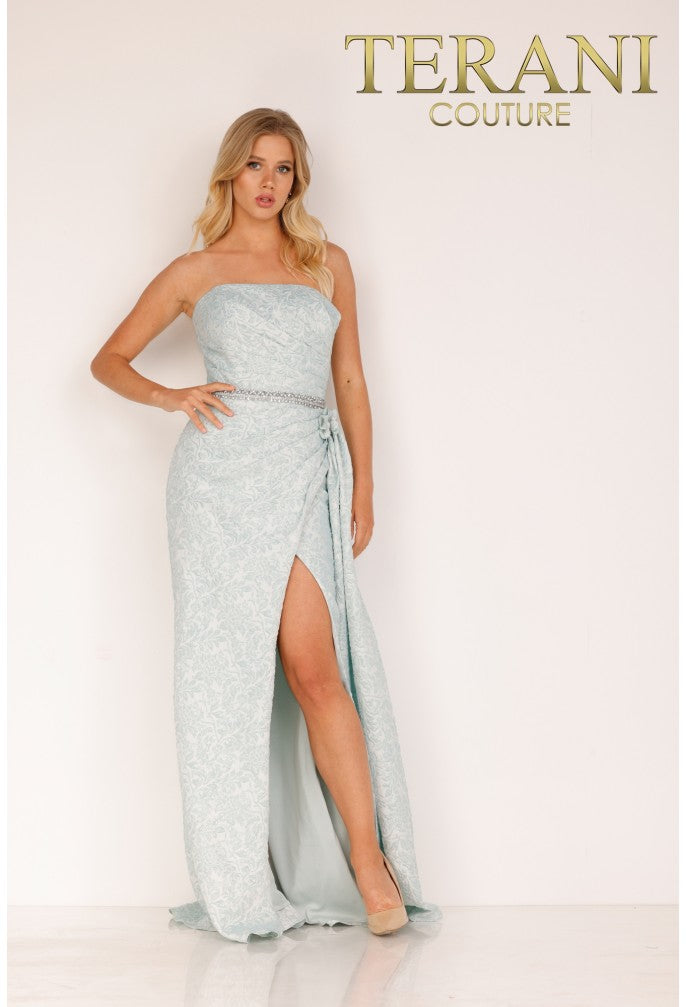 Terani Couture Silver Long Stretch Jacquard Evening Dress - 2011e2105