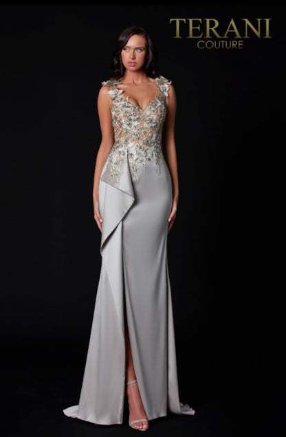 Taupe Evening Dress With Sheer Embellished Top - 2111E4751