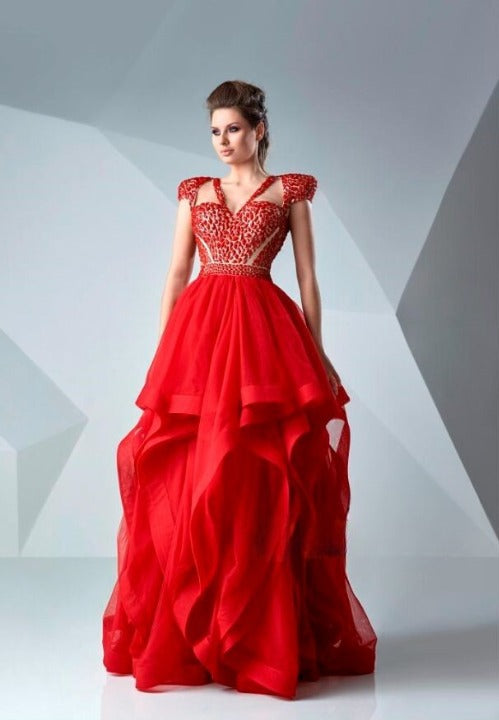 Model Wearing Gaby Charbachy GC 648 Red Evening Gown - Rofial Beauty