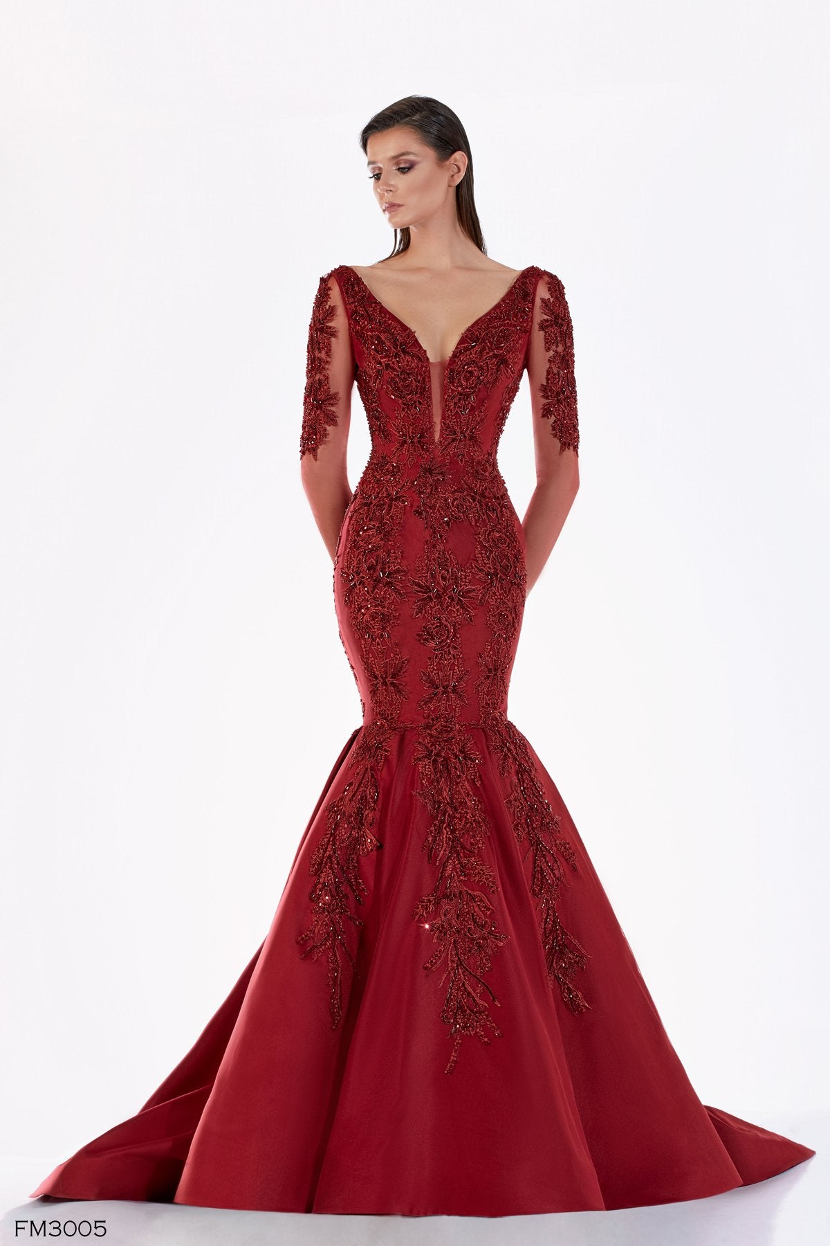 Azzure Couture FM3005 Hot Red Sexy Long Sleeve Dress on model - Rofial Beauty