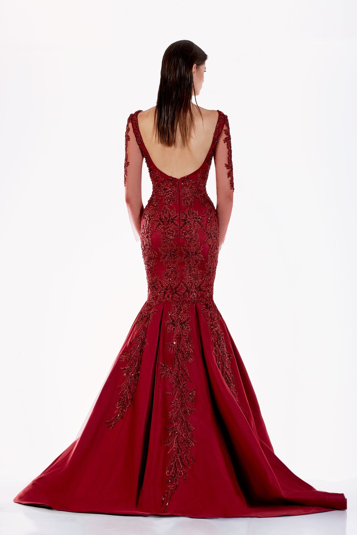 Back view of Azzure Couture FM3005 Hot Red Sexy Long Sleeve Dress on model - Rofial Beauty