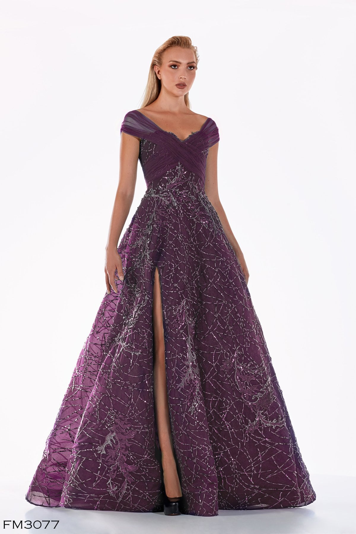 Azzure Couture FM3077 Dark Purple Glowing Long Dress on model - Rofial Beauty