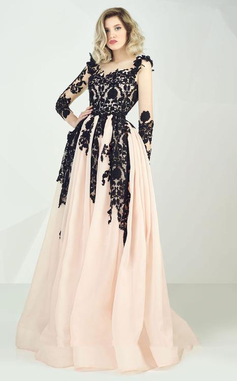 Gown with beaded embroidery and net sleeves - Rofial Beauty