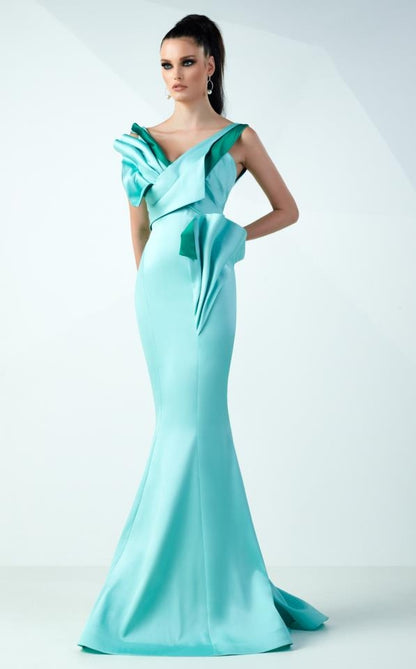 Model Wearing Gaby Charbachy GC 725 Light-Blue Crisscross Dress - Rofial Beauty