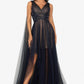 Dainty Rouched Dotted Tulle Evening Gown With Shoulder Trains - Rofial Beauty
