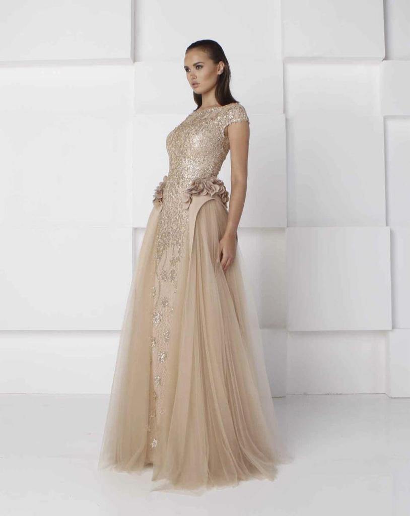 Beige Shiny Embroidered Dress - Rofial Beauty
