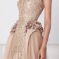 Beige Shiny Embroidered Dress - Rofial Beauty
