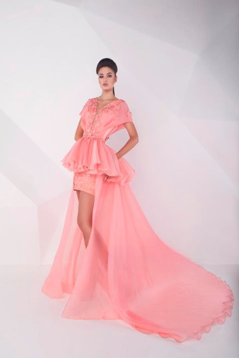 Model Wearing Gaby Charbachy GC 604 Blush Pink High-Low Dress - Rofial Beauty