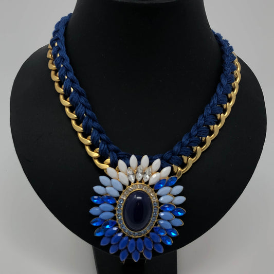 Blue and Gold Flower Pendant Necklace - Rofial Beauty