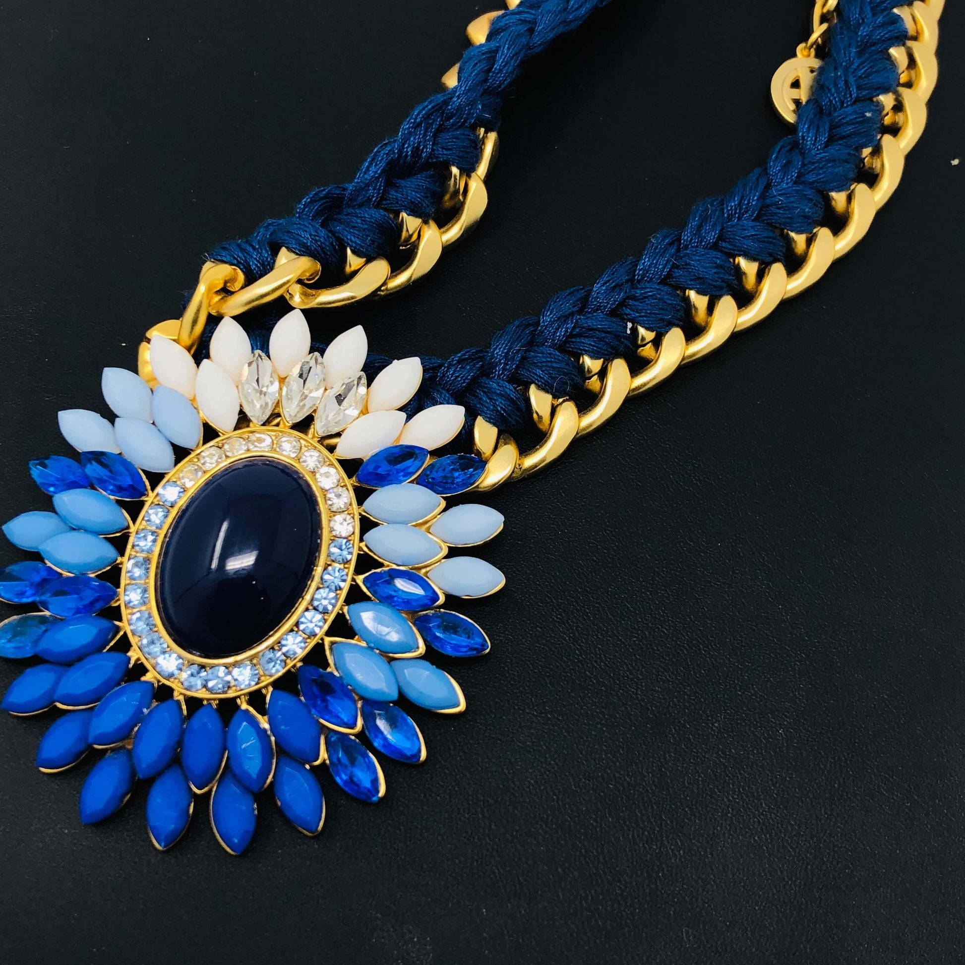 Blue and Gold Flower Pendant Necklace - Rofial Beauty