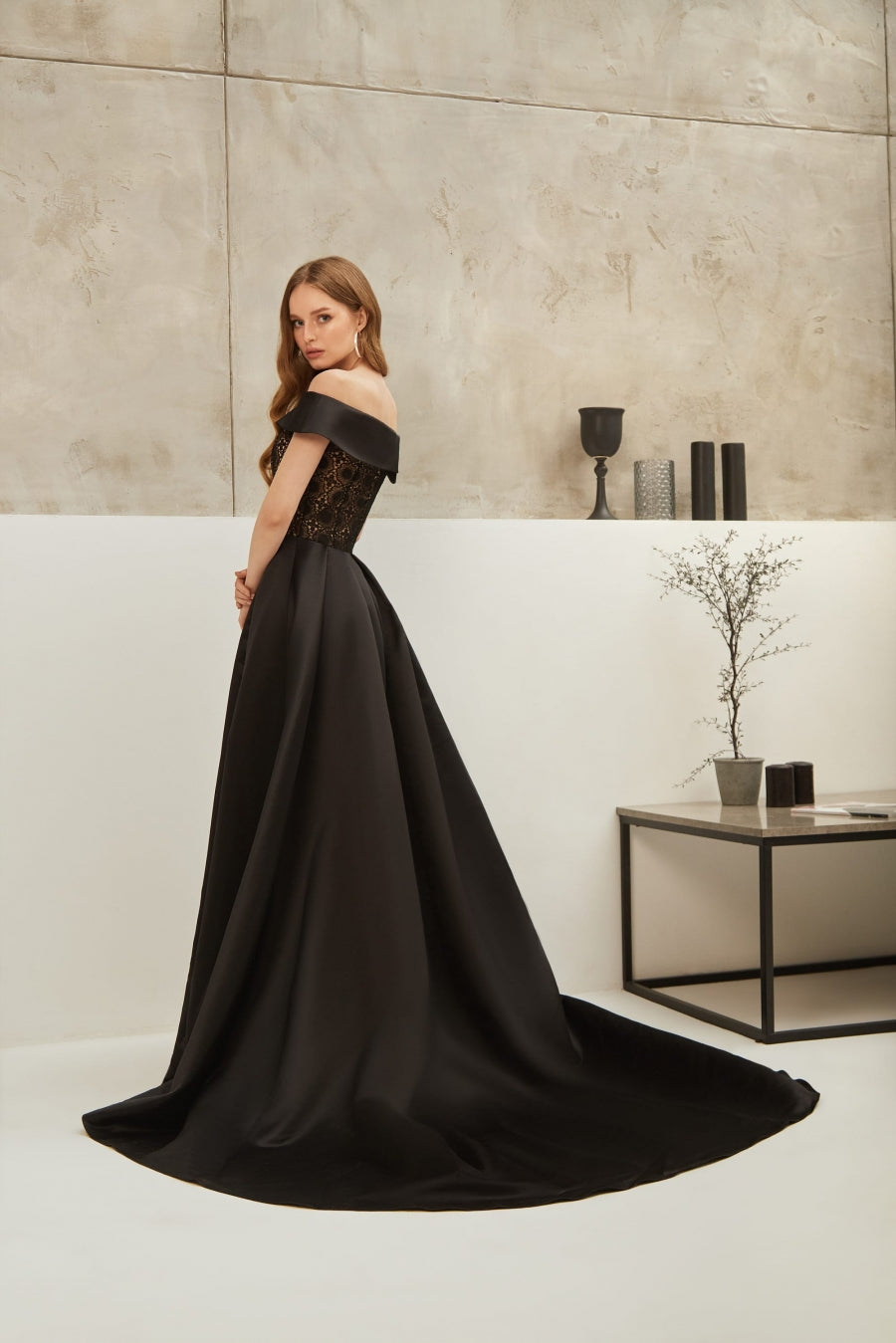 Ariamo E-2105 Black Ball Lace Satin Gown from Rofial Beauty