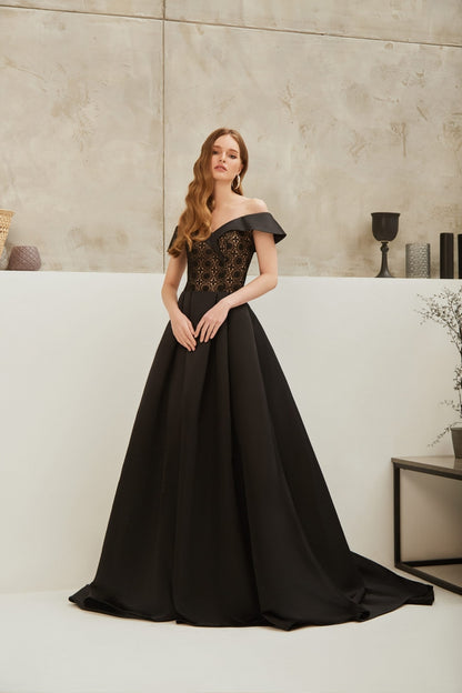 Ariamo E-2105 Black Ball Lace Satin Gown from Rofial Beauty