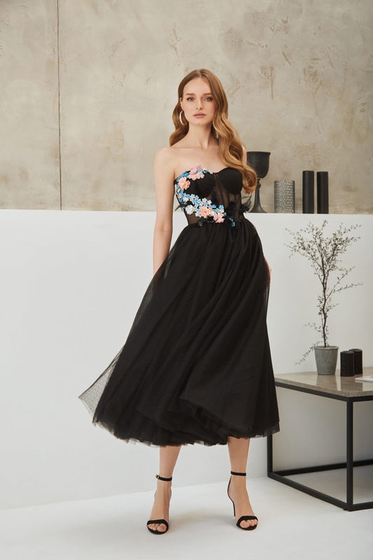Ariamo E-2122 Floral Black Cocktail Dress - Rofial Beauty