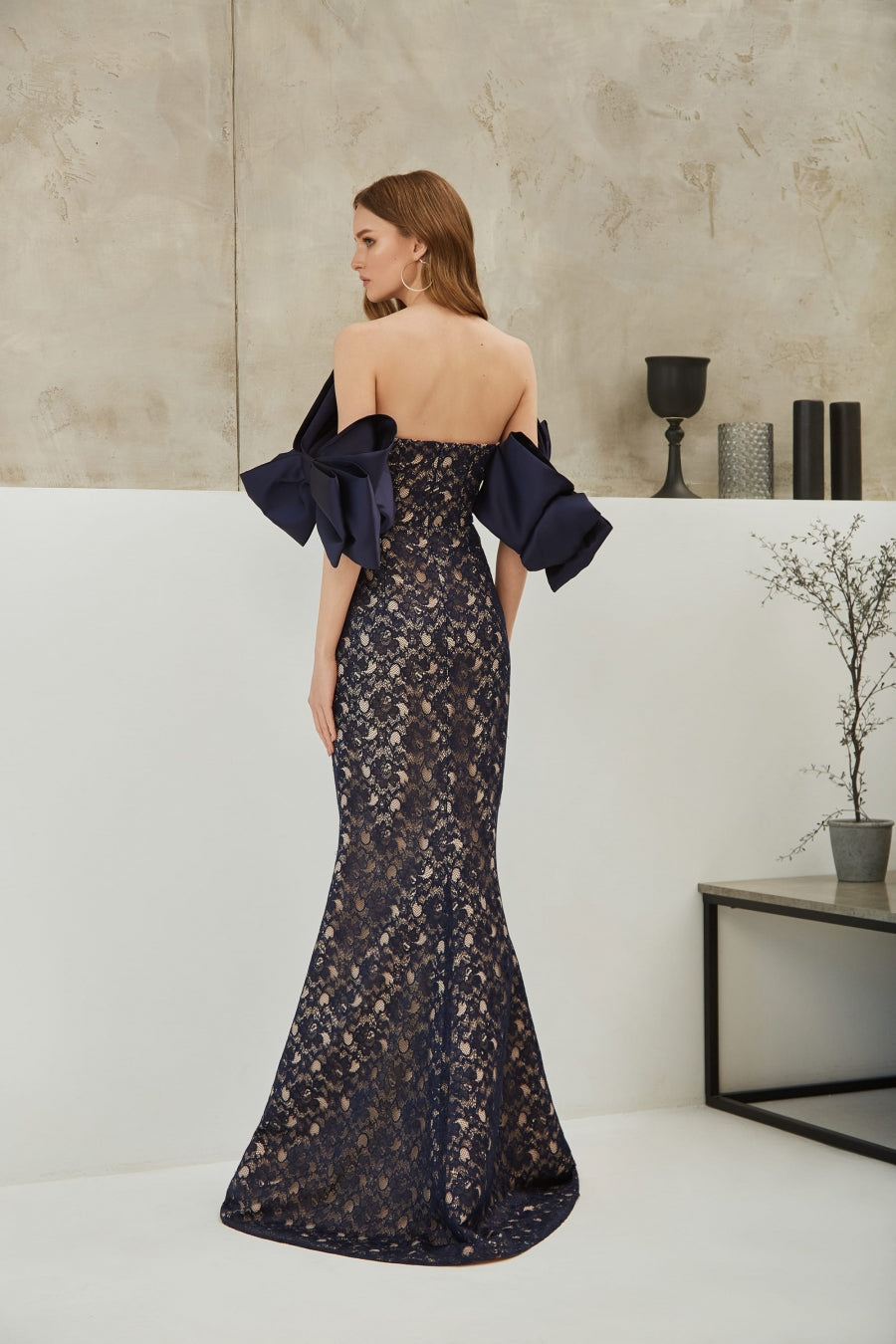 Ariamo E-2127 Mermaid Navy Floor Length Dress From The Back at Rofial Beauty