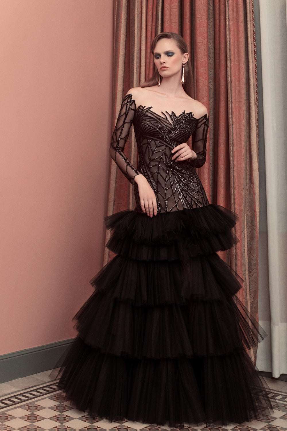 Gemy Maalouf ED1594LD Black Long Sleeve Dress with Detachable Under Skirt