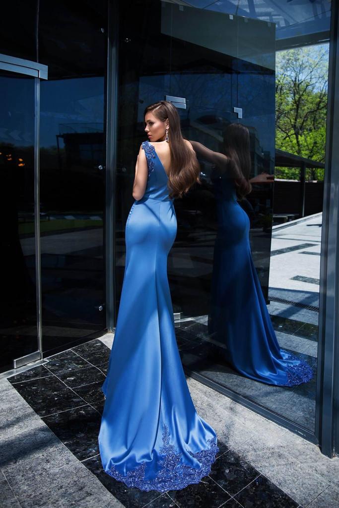 Back view of Olyamak Metallic Satin Midnight Blue Dress - Rofial Beauty