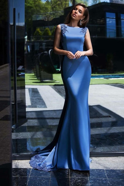 Olyamak Metallic Satin Midnight Blue Dress on model - Rofial Beauty