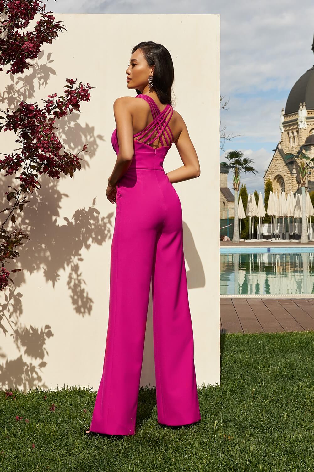 Back View of Olyamak Catherine Fuchsia Jumpsuit with Zipper Closure - Rofial Beauty