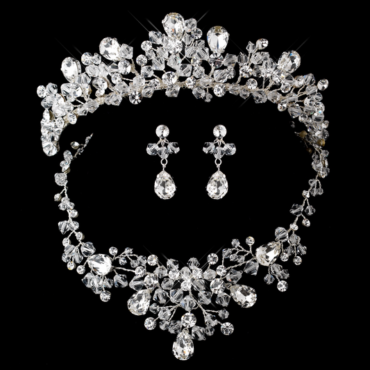 Silver Clear Swarovski Crystal Bead and Rhinestone Tiara Headpiece & Jewelry Set